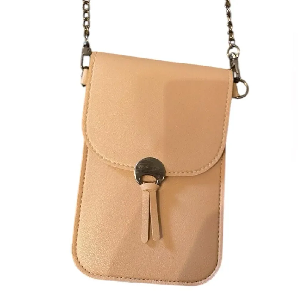 Lori Greiner in cream Save The Girls Crossbody Cell Touch Access Phone Bag NWOT